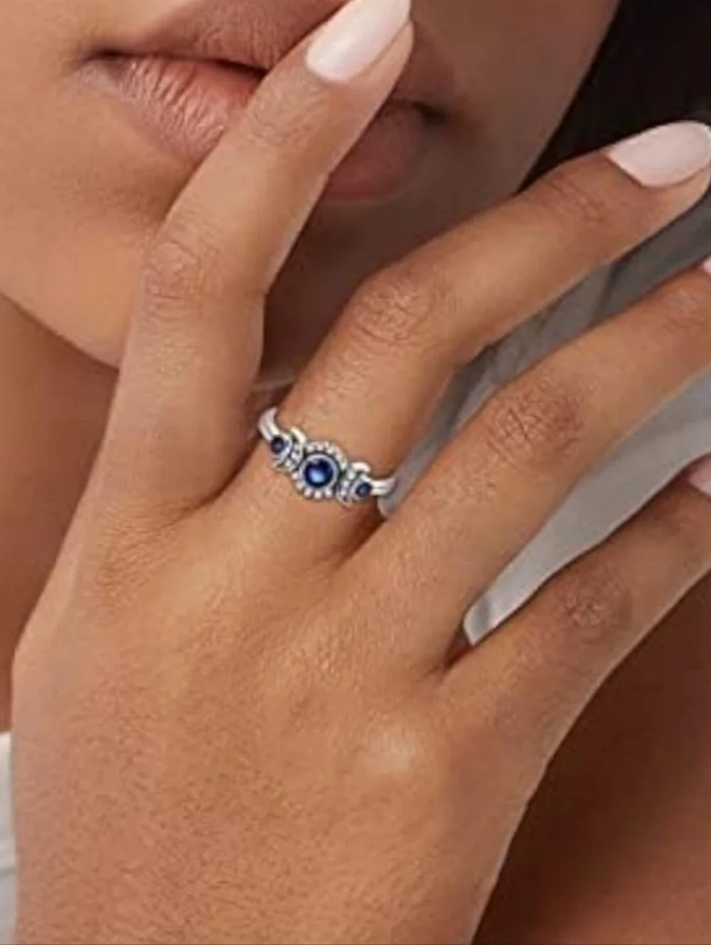 NWT 925 Sterling Silver Triple Moon Phase Blue Sapphire CZ Ring - Size 8Category